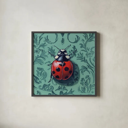 Ladybug In The Parlor Room by Kate Jarvik Birch. Shown in a sleek black glass frame for a contemporary gallery look. Available as an archival giclee rolled canvas, fine art paper, or poster print. SKU 98626a.