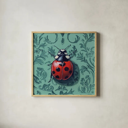 Ladybug In The Parlor Room by Kate Jarvik Birch. Shown in a natural wood glass frame for a timeless modern aesthetic. Available as an archival giclee rolled canvas, fine art paper, or poster print. SKU 98626a.