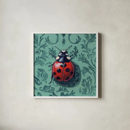 Ladybug In The Parlor Room by Kate Jarvik Birch. Shown in a crisp white glass frame for a clean and minimalist style. Available as an archival giclee rolled canvas, fine art paper, or poster print. SKU 98626a.