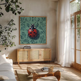 Ladybug In The Parlor Room by Kate Jarvik Birch. Shown in a natural wood frame in a cozy modern living room. Available as an archival giclee rolled canvas, fine art paper, or poster print. SKU 98626a.