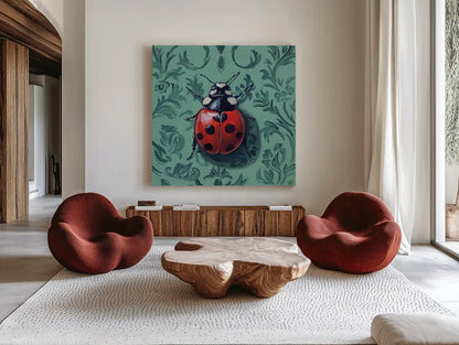 Ladybug In The Parlor Room by Kate Jarvik Birch. Shown as extra-large giant wall art in a modern living room. Available as an archival giclee rolled canvas, fine art paper, or poster print. SKU 98626a.
