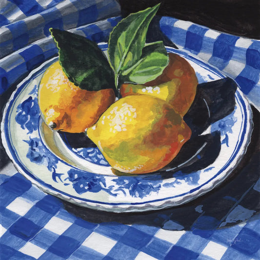 Lemons on a Blue Table by Kate Jarvik Birch. SKU 100948a. Archival Giclee Fine art print for wall decor.