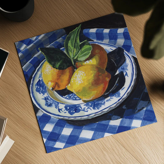 Lemons on a Blue Table by Kate Jarvik Birch. Shown as a detailed flat fine art print, highlighting archival giclee quality. Available as an archival giclee rolled canvas, fine art paper, or poster print. SKU 100948a.