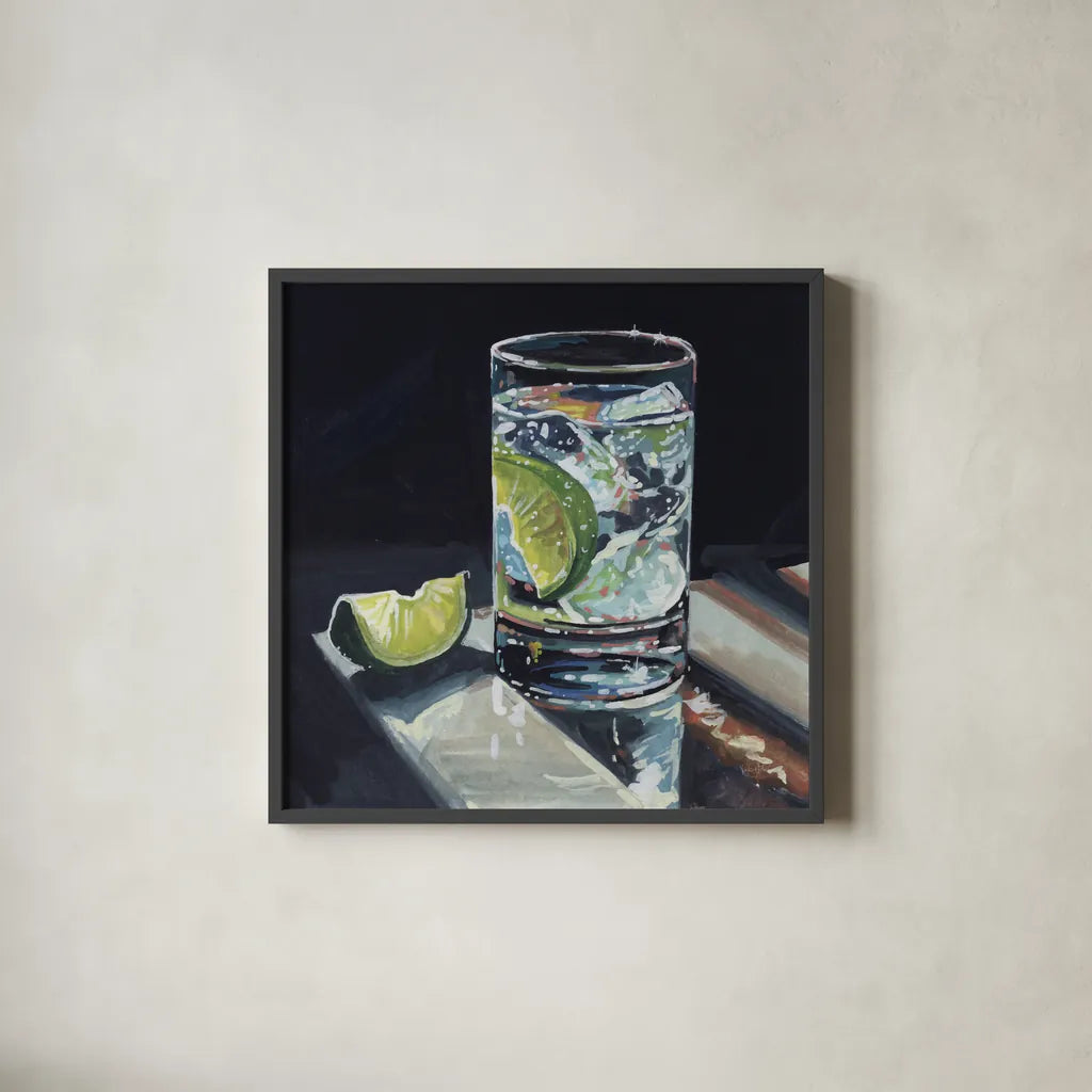 Light Reflecting Off a Cocktail by Kate Jarvik Birch. Shown in a sleek black glass frame for a contemporary gallery look. Available as an archival giclee rolled canvas, fine art paper, or poster print. SKU 100960a.