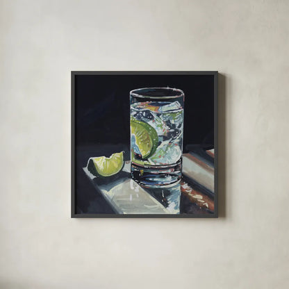 Light Reflecting Off a Cocktail by Kate Jarvik Birch. Shown in a sleek black glass frame for a contemporary gallery look. Available as an archival giclee rolled canvas, fine art paper, or poster print. SKU 100960a.