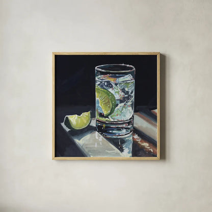 Light Reflecting Off a Cocktail by Kate Jarvik Birch. Shown in a natural wood glass frame for a timeless modern aesthetic. Available as an archival giclee rolled canvas, fine art paper, or poster print. SKU 100960a.