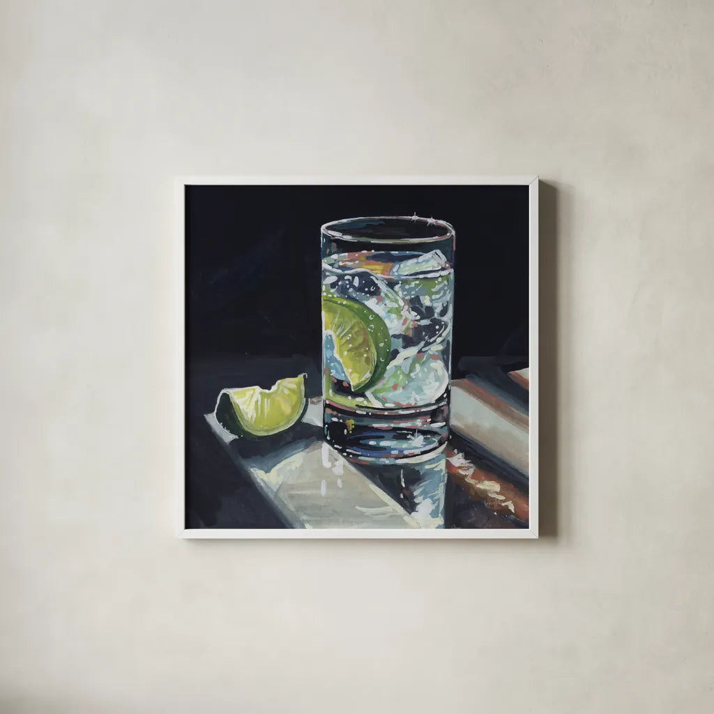 Light Reflecting Off a Cocktail by Kate Jarvik Birch. Shown in a crisp white glass frame for a clean and minimalist style. Available as an archival giclee rolled canvas, fine art paper, or poster print. SKU 100960a.