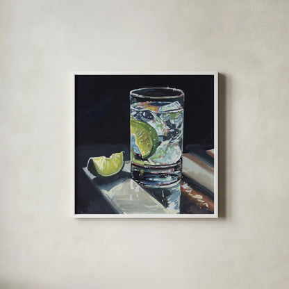 Light Reflecting Off a Cocktail by Kate Jarvik Birch. Shown in a crisp white glass frame for a clean and minimalist style. Available as an archival giclee rolled canvas, fine art paper, or poster print. SKU 100960a.