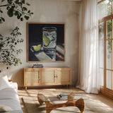 Light Reflecting Off a Cocktail by Kate Jarvik Birch. Shown in a natural wood frame in a cozy modern living room. Available as an archival giclee rolled canvas, fine art paper, or poster print. SKU 100960a.