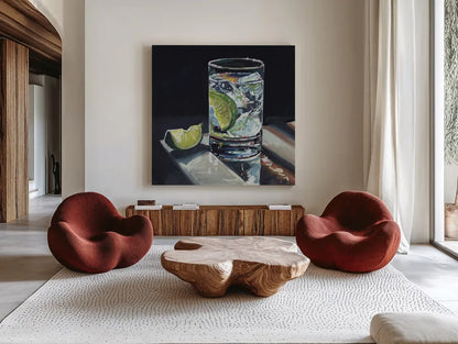 Light Reflecting Off a Cocktail by Kate Jarvik Birch. Shown as extra-large giant wall art in a modern living room. Available as an archival giclee rolled canvas, fine art paper, or poster print. SKU 100960a.