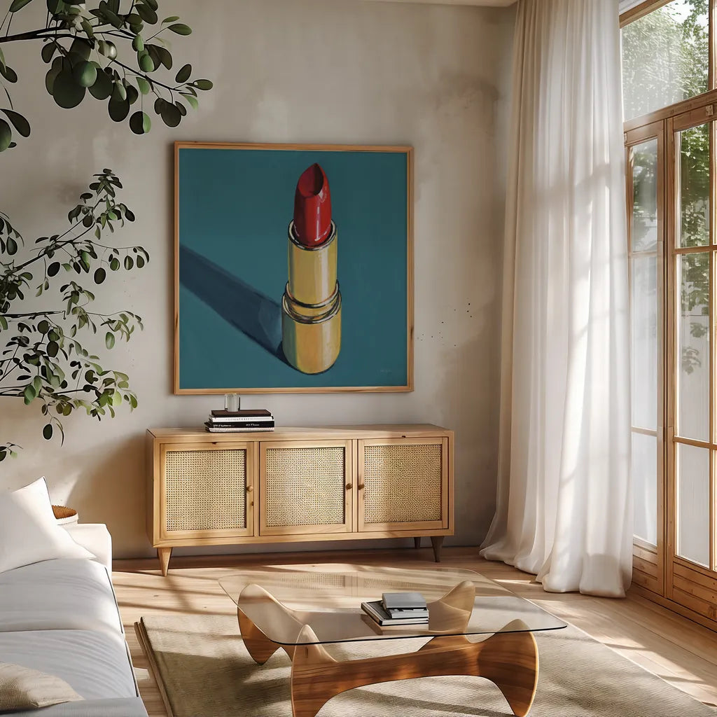 Lipstick Study by Kate Jarvik Birch. Shown in a natural wood frame in a cozy modern living room. Available as an archival giclee rolled canvas, fine art paper, or poster print. SKU 98590a.