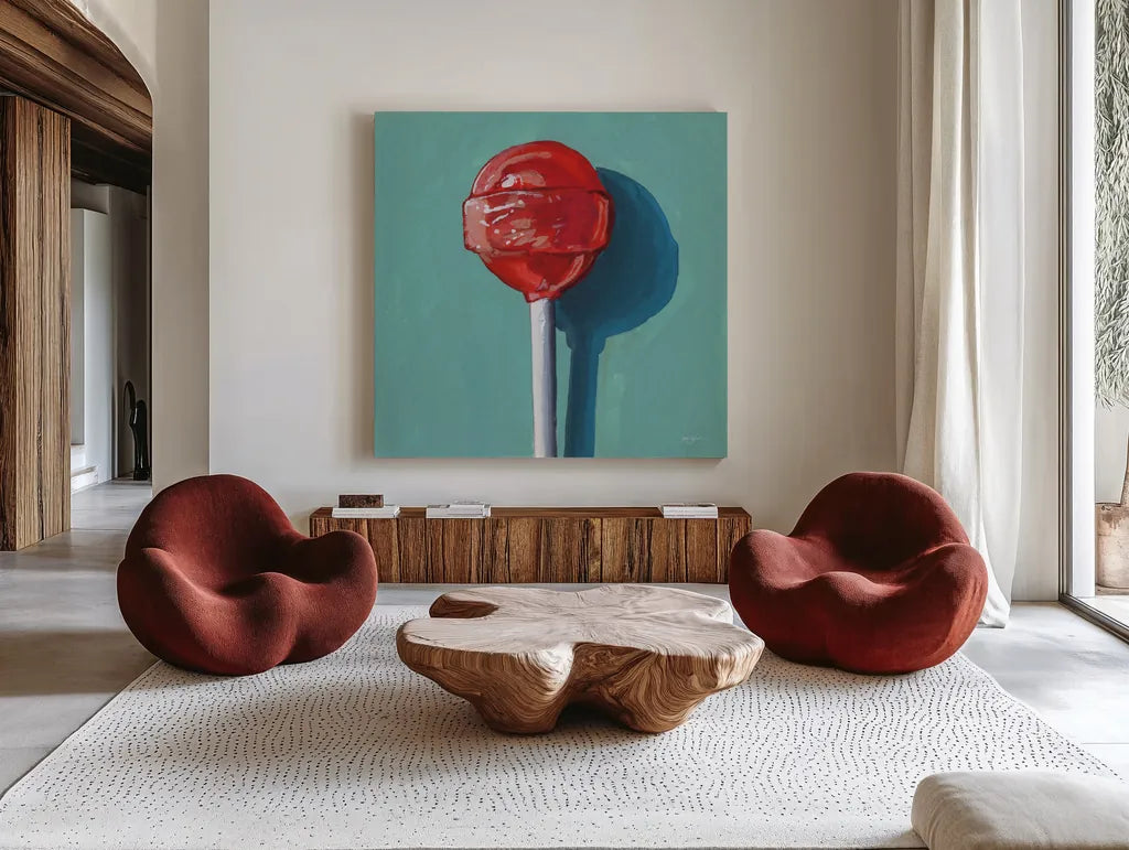 Lollipop Study II by Kate Jarvik Birch. Shown as extra-large giant wall art in a modern living room. Available as an archival giclee rolled canvas, fine art paper, or poster print. SKU 100962a.