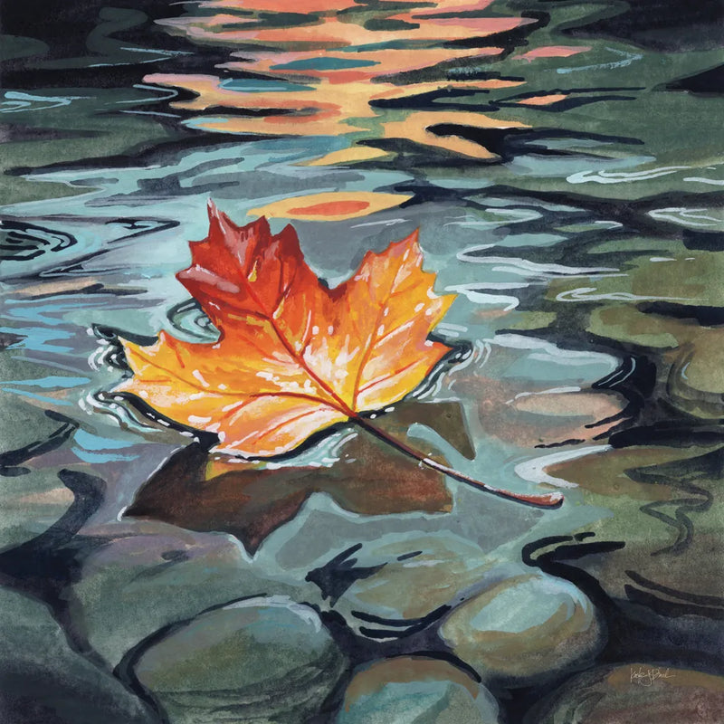 Maple Leaf Floating In a Stream by Kate Jarvik Birch. SKU 101976a. Archival Giclee Fine art print for wall decor.