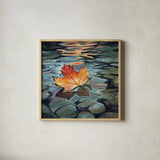 Maple Leaf Floating In a Stream by Kate Jarvik Birch. Shown in a natural wood glass frame for a timeless modern aesthetic. Available as an archival giclee rolled canvas, fine art paper, or poster print. SKU 101976a.