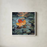 Maple Leaf Floating In a Stream by Kate Jarvik Birch. Shown in a crisp white glass frame for a clean and minimalist style. Available as an archival giclee rolled canvas, fine art paper, or poster print. SKU 101976a.