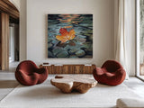 Maple Leaf Floating In a Stream by Kate Jarvik Birch. Shown as extra-large giant wall art in a modern living room. Available as an archival giclee rolled canvas, fine art paper, or poster print. SKU 101976a.
