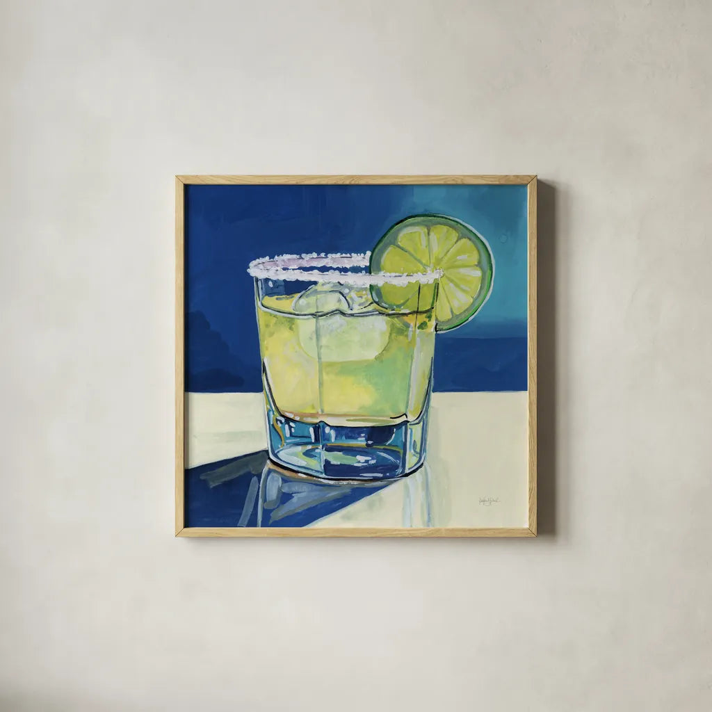 Margarita On The Rocks by Kate Jarvik Birch. Shown in a natural wood glass frame for a timeless modern aesthetic. Available as an archival giclee rolled canvas, fine art paper, or poster print. SKU 98591a.