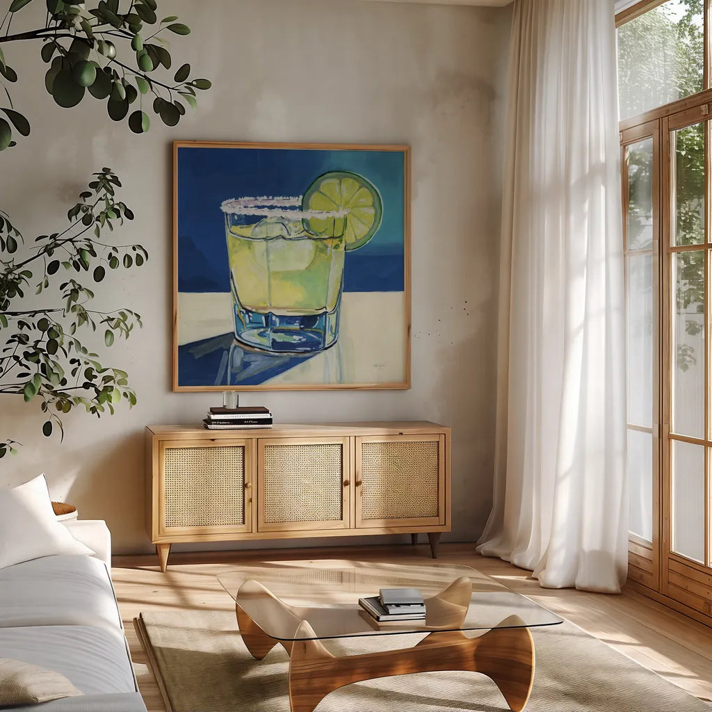 Margarita On The Rocks by Kate Jarvik Birch. Shown in a natural wood frame in a cozy modern living room. Available as an archival giclee rolled canvas, fine art paper, or poster print. SKU 98591a.