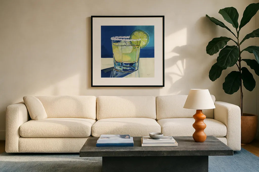 Margarita On The Rocks by Kate Jarvik Birch. Displayed in a glass frame with matte in a clean modern living room. Available as an archival giclee rolled canvas, fine art paper, or poster print. SKU 98591a.