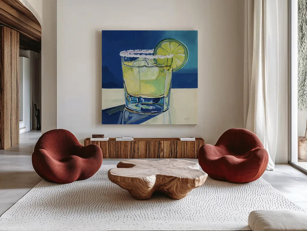 Margarita On The Rocks by Kate Jarvik Birch. Shown as extra-large giant wall art in a modern living room. Available as an archival giclee rolled canvas, fine art paper, or poster print. SKU 98591a.