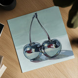 Metallic Cherries by Kate Jarvik Birch. Shown as a detailed flat fine art print, highlighting archival giclee quality. Available as an archival giclee rolled canvas, fine art paper, or poster print. SKU 99770a.