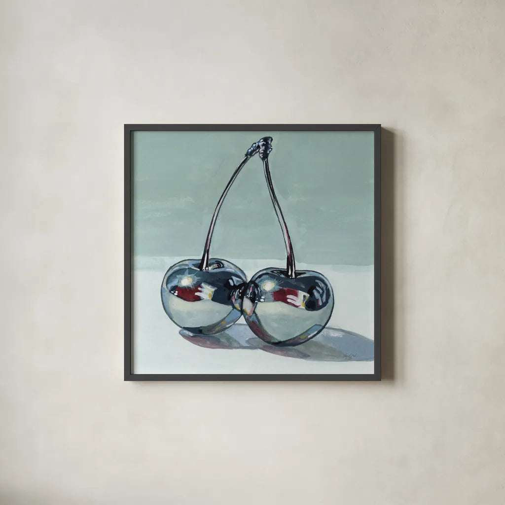 Metallic Cherries by Kate Jarvik Birch. Shown in a sleek black glass frame for a contemporary gallery look. Available as an archival giclee rolled canvas, fine art paper, or poster print. SKU 99770a.