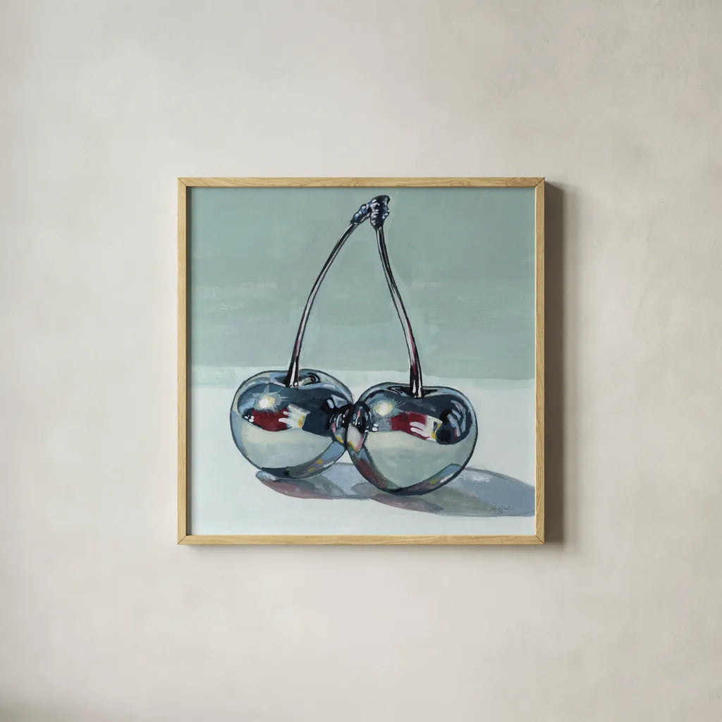 Metallic Cherries by Kate Jarvik Birch. Shown in a natural wood glass frame for a timeless modern aesthetic. Available as an archival giclee rolled canvas, fine art paper, or poster print. SKU 99770a.