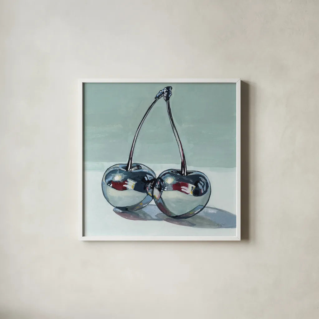 Metallic Cherries by Kate Jarvik Birch. Shown in a crisp white glass frame for a clean and minimalist style. Available as an archival giclee rolled canvas, fine art paper, or poster print. SKU 99770a.