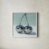 Metallic Cherries by Kate Jarvik Birch. Shown in a crisp white glass frame for a clean and minimalist style. Available as an archival giclee rolled canvas, fine art paper, or poster print. SKU 99770a.