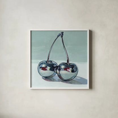 Metallic Cherries by Kate Jarvik Birch. Shown in a crisp white glass frame for a clean and minimalist style. Available as an archival giclee rolled canvas, fine art paper, or poster print. SKU 99770a.