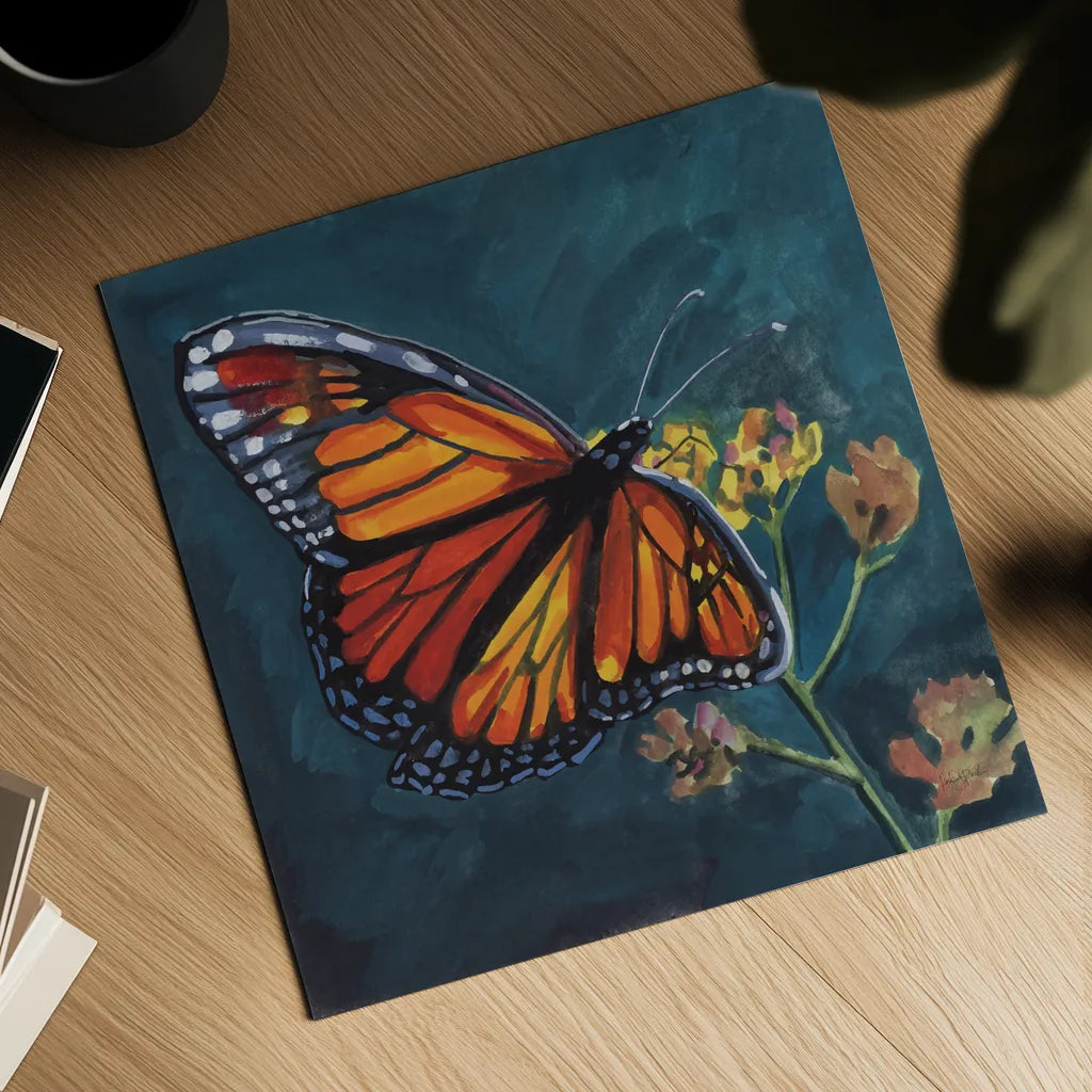 Monarch Feeding by Kate Jarvik Birch. Shown as a detailed flat fine art print, highlighting archival giclee quality. Available as an archival giclee rolled canvas, fine art paper, or poster print. SKU 99787a.