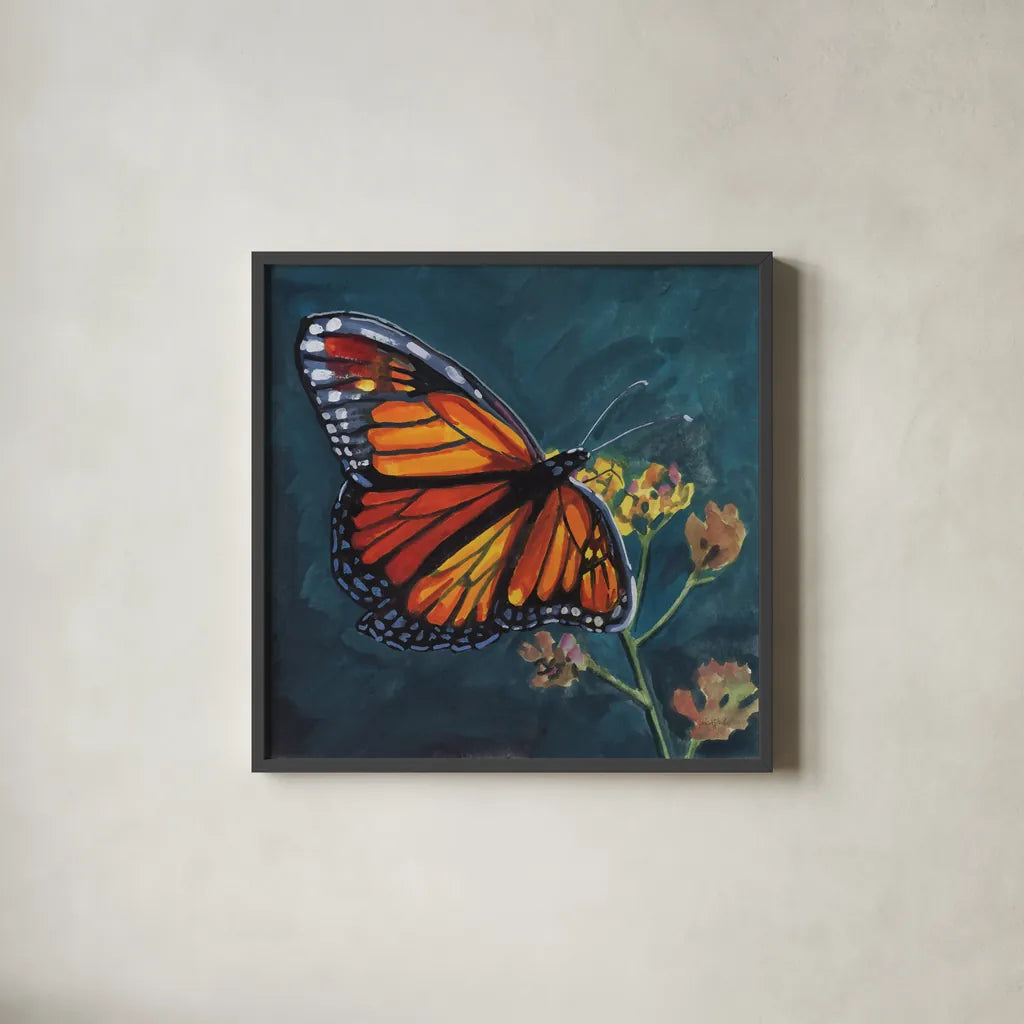 Monarch Feeding by Kate Jarvik Birch. Shown in a sleek black glass frame for a contemporary gallery look. Available as an archival giclee rolled canvas, fine art paper, or poster print. SKU 99787a.