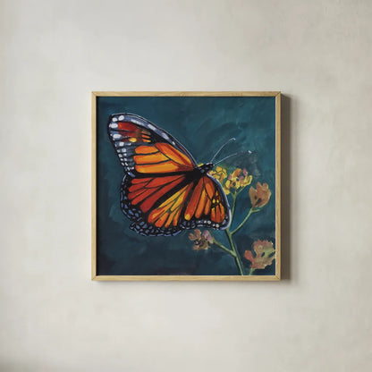 Monarch Feeding by Kate Jarvik Birch. Shown in a natural wood glass frame for a timeless modern aesthetic. Available as an archival giclee rolled canvas, fine art paper, or poster print. SKU 99787a.