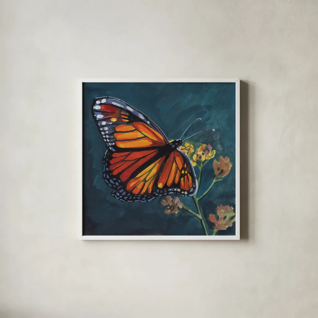 Monarch Feeding by Kate Jarvik Birch. Shown in a crisp white glass frame for a clean and minimalist style. Available as an archival giclee rolled canvas, fine art paper, or poster print. SKU 99787a.
