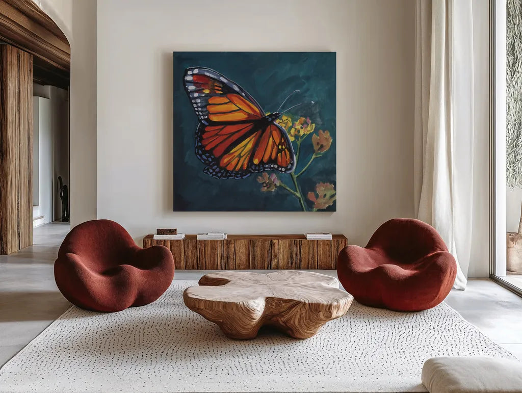 Monarch Feeding by Kate Jarvik Birch. Shown as extra-large giant wall art in a modern living room. Available as an archival giclee rolled canvas, fine art paper, or poster print. SKU 99787a.