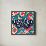 Moth on Beautiful Wall by Kate Jarvik Birch. Shown in a sleek black glass frame for a contemporary gallery look. Available as an archival giclee rolled canvas, fine art paper, or poster print. SKU 98586a.