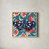 Moth on Beautiful Wall by Kate Jarvik Birch. Shown in a natural wood glass frame for a timeless modern aesthetic. Available as an archival giclee rolled canvas, fine art paper, or poster print. SKU 98586a.
