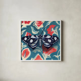 Moth on Beautiful Wall by Kate Jarvik Birch. Shown in a crisp white glass frame for a clean and minimalist style. Available as an archival giclee rolled canvas, fine art paper, or poster print. SKU 98586a.