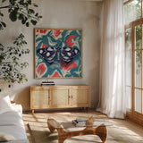 Moth on Beautiful Wall by Kate Jarvik Birch. Shown in a natural wood frame in a cozy modern living room. Available as an archival giclee rolled canvas, fine art paper, or poster print. SKU 98586a.