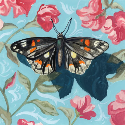 Moth on Floral Pattern Wall by Kate Jarvik Birch. SKU 99555a. Archival Giclee Fine art print for wall decor.