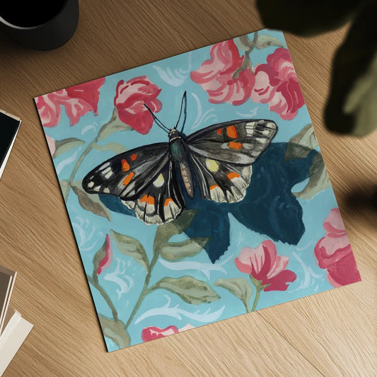 Moth on Floral Pattern Wall by Kate Jarvik Birch. Shown as a detailed flat fine art print, highlighting archival giclee quality. Available as an archival giclee rolled canvas, fine art paper, or poster print. SKU 99555a.