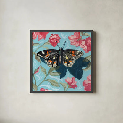 Moth on Floral Pattern Wall by Kate Jarvik Birch. Shown in a sleek black glass frame for a contemporary gallery look. Available as an archival giclee rolled canvas, fine art paper, or poster print. SKU 99555a.