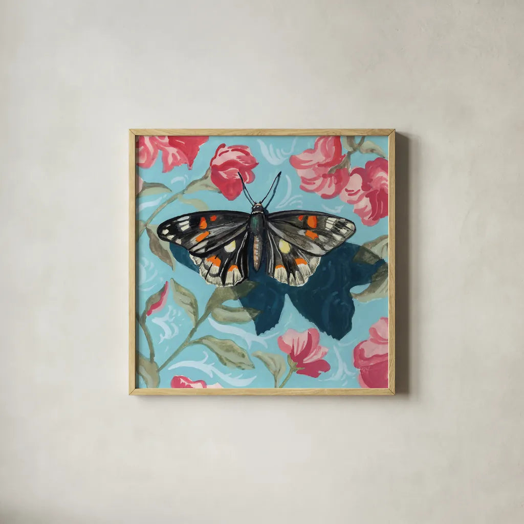 Moth on Floral Pattern Wall by Kate Jarvik Birch. Shown in a natural wood glass frame for a timeless modern aesthetic. Available as an archival giclee rolled canvas, fine art paper, or poster print. SKU 99555a.