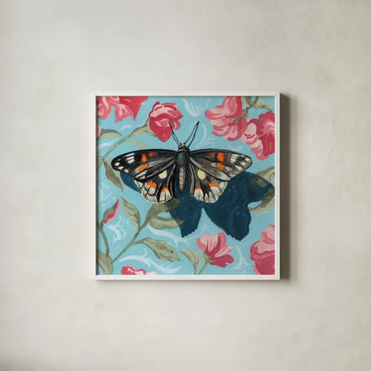 Moth on Floral Pattern Wall by Kate Jarvik Birch. Shown in a crisp white glass frame for a clean and minimalist style. Available as an archival giclee rolled canvas, fine art paper, or poster print. SKU 99555a.