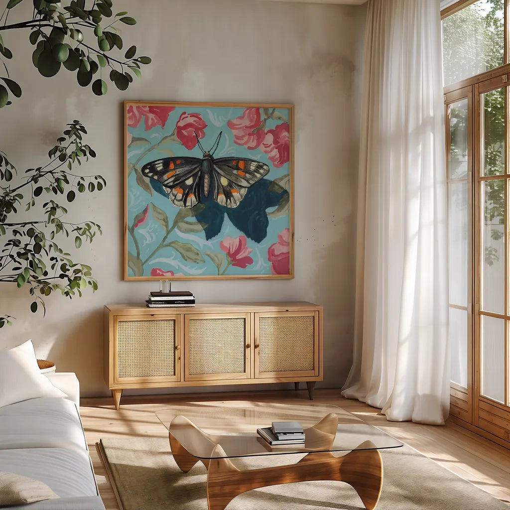Moth on Floral Pattern Wall by Kate Jarvik Birch. Shown in a natural wood frame in a cozy modern living room. Available as an archival giclee rolled canvas, fine art paper, or poster print. SKU 99555a.