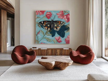 Moth on Floral Pattern Wall by Kate Jarvik Birch. Shown as extra-large giant wall art in a modern living room. Available as an archival giclee rolled canvas, fine art paper, or poster print. SKU 99555a.