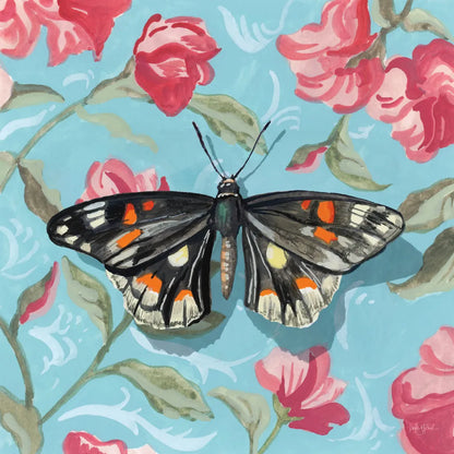 Moth on Floral Pattern Wall No Shadow by Kate Jarvik Birch. SKU 99766a. Archival Giclee Fine art print for wall decor.