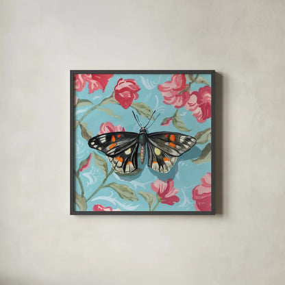 Moth on Floral Pattern Wall No Shadow by Kate Jarvik Birch. Shown in a sleek black glass frame for a contemporary gallery look. Available as an archival giclee rolled canvas, fine art paper, or poster print. SKU 99766a.
