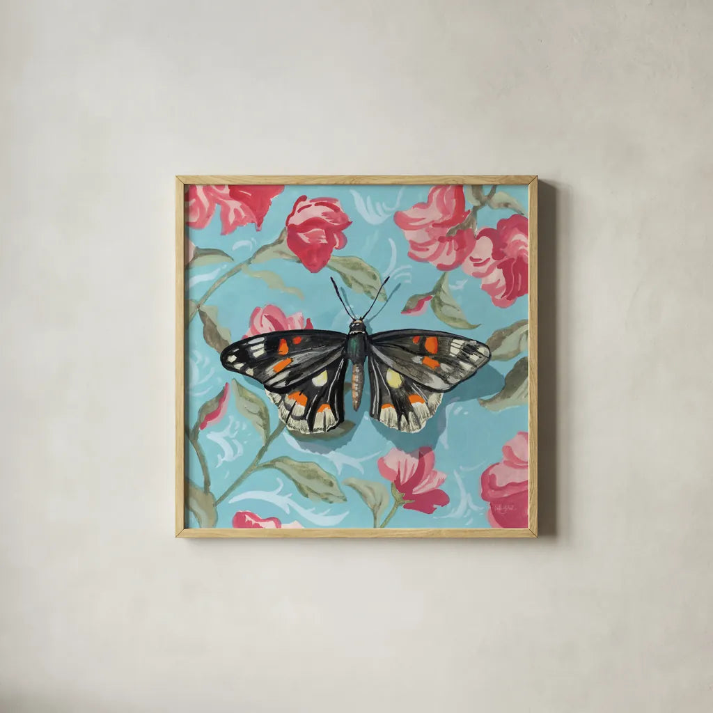 Moth on Floral Pattern Wall No Shadow by Kate Jarvik Birch. Shown in a natural wood glass frame for a timeless modern aesthetic. Available as an archival giclee rolled canvas, fine art paper, or poster print. SKU 99766a.