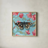 Moth on Floral Pattern Wall No Shadow by Kate Jarvik Birch. Shown in a natural wood glass frame for a timeless modern aesthetic. Available as an archival giclee rolled canvas, fine art paper, or poster print. SKU 99766a.